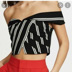Alice + Olivia Black and White Striped off the Shoulder Crop Top